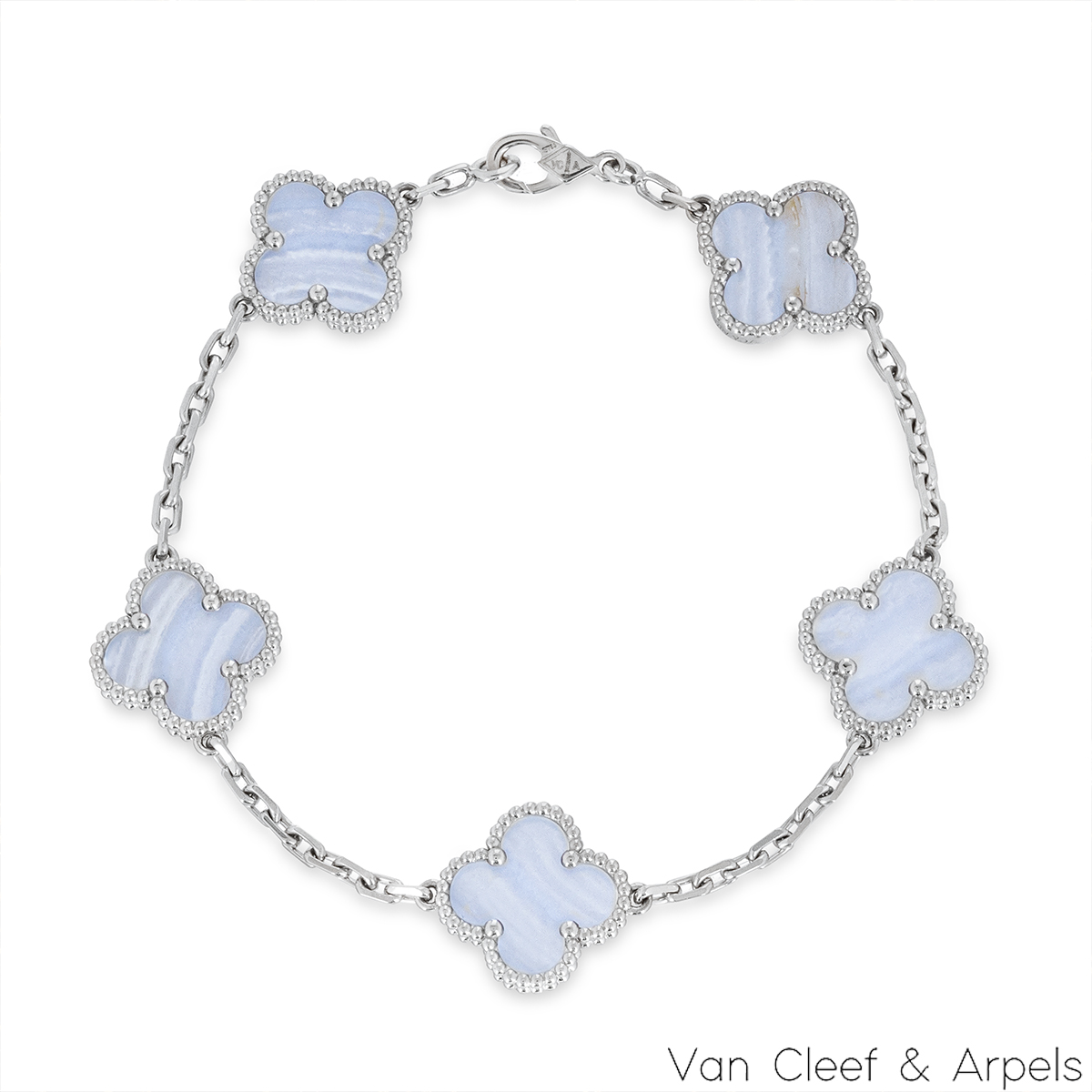 Van Cleef & Arpels White Gold Chalcedony Vintage Alhambra 5 Motif Bracelet VCARD34700 Van Cleef & Arpels White Gold Chalcedony Vintage Alhambra 5 Motif Bracelet VCARD34700